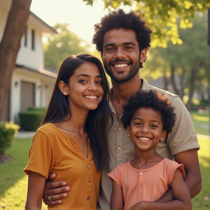 A happy family poses outdoors in a sunny suburban neighborhood, with lush greenery in the background.