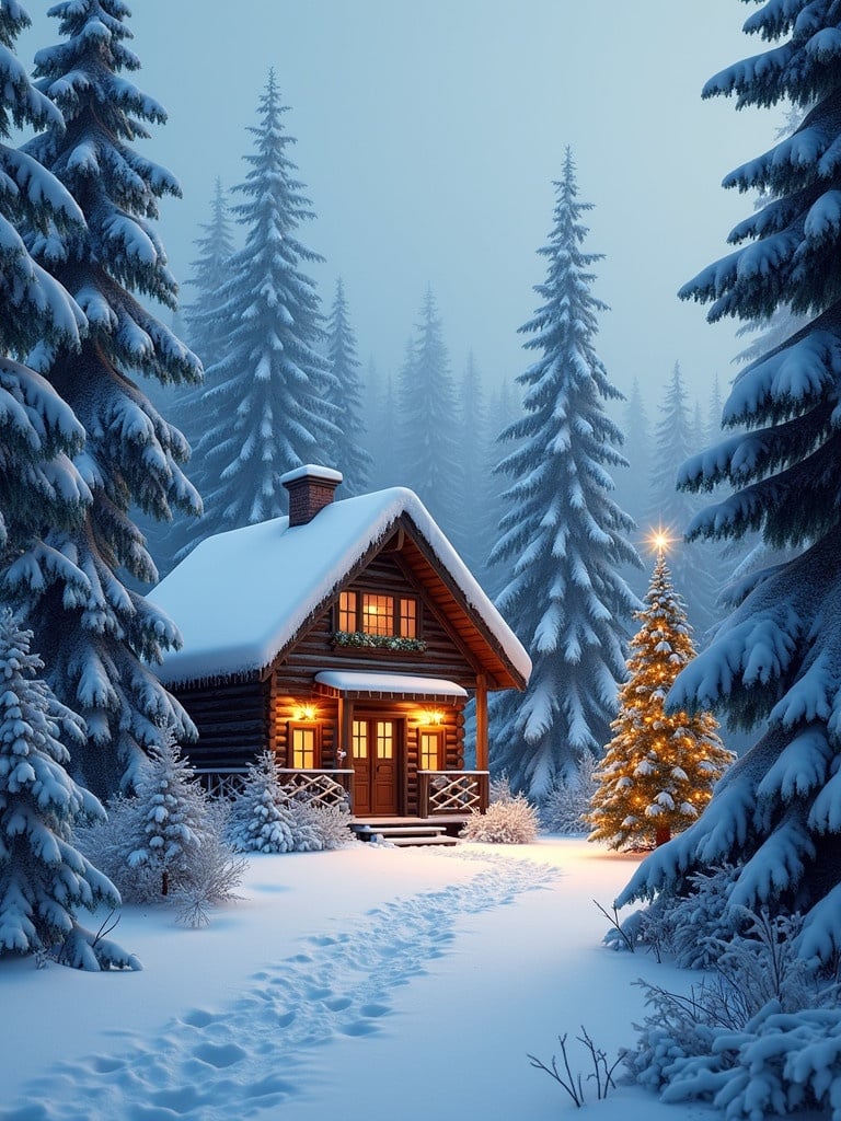 Serene Christmas scene with a cozy cabin and snow-covered pine trees. A decorated Christmas tree is nearby. Soft lighting creates a warm atmosphere.