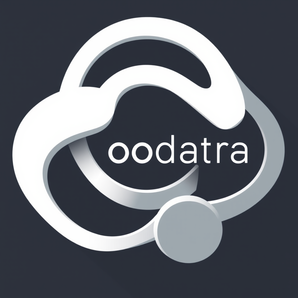 A modern, abstract cloud logo with sleek, intertwining white shapes on a dark background and the word 'oodatra' featured prominently.