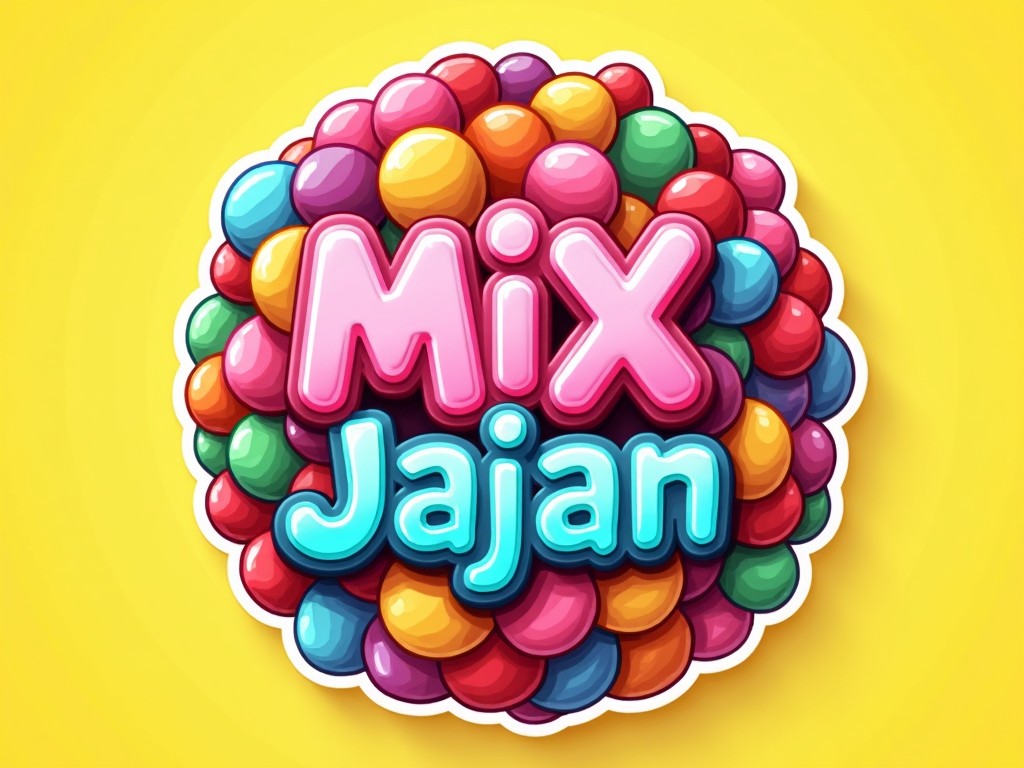 The image features a vibrant logo titled 'Mix Jajan'. It is designed with bright colors, showcasing an array of colorful round candies that create a playful effect. The text is bold and friendly, making it appealing to a younger audience. The background is bright yellow, enhancing the cheerful theme. The overall style is modern and cartoonish, suitable for the food and snack industry. This logo could represent a candy shop or a fun snack brand.