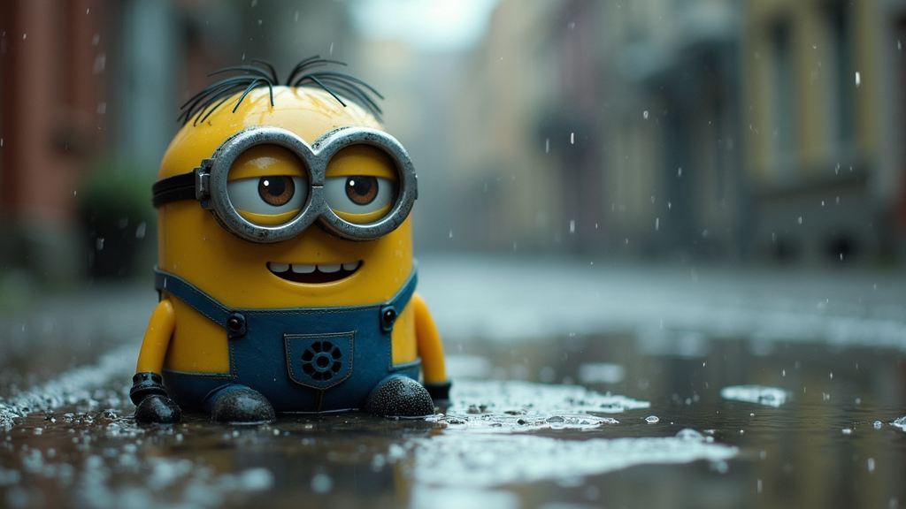 A cheerful Minion sits in a puddle during a rainy day on a wet city street.