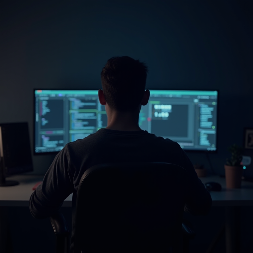 A person sits in a dimly lit room, facing a computer with code on multiple monitors.