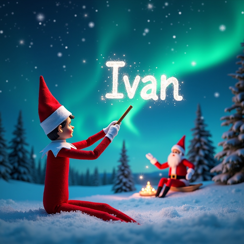 The image showcases a magical Christmas scene featuring the Elf on the Shelf. Positioned with its back to the viewer, the elf is casting the name 'Ivan' into the air with a wand. The background reveals a stunning winter landscape, complete with snow and evergreen trees, enhanced by the glow of the northern lights. In the distance, Santa Claus adds a nostalgic touch to the festive atmosphere. This enchanting moment embodies the spirit of holiday joy and represents a beloved Christmas tradition.