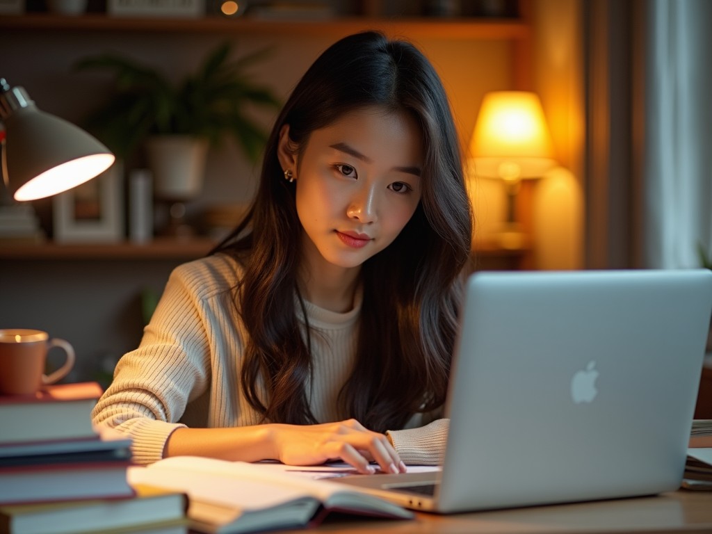 A woman studying intently at her laptop in a cozy, dimly-lit room with a desk lamp casting warm light.