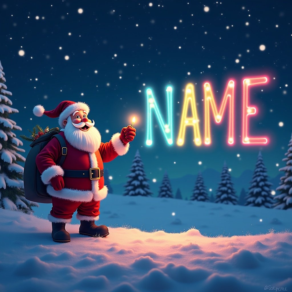 Christmas theme features Santa writing name in colorful font in the sky with a glow pen.