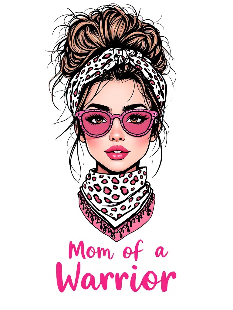 2D flat color drawing features stylish girl with messy bun hairstyle. She wears bandana with pink leopard pattern and matching sunglasses. Illustration isolated on white background. The text 'Mom of a Warrior' is placed below in handwritten font.