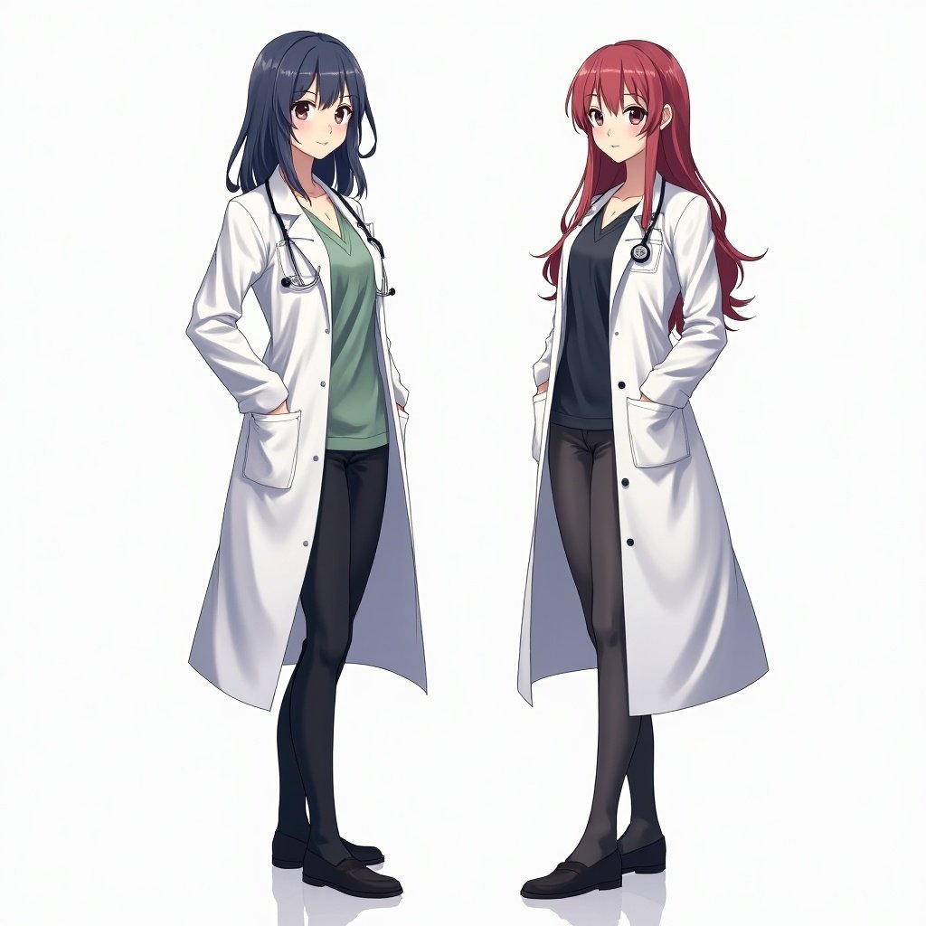 Anime doctors in lab coats. One with long black hair and one with long red hair. Both wearing black pants and shoes. Both have a neutral expression. They stand side by side.