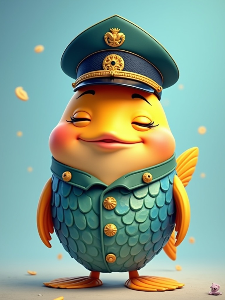 A large cartoon fish wearing a military uniform with a sleepy expression. The fish stands relaxed with hands behind its head. The illustration features a bright color palette and playful design elements suitable for children.