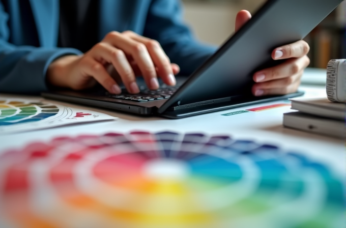 A person working on a tablet surrounded by colorful design palettes.