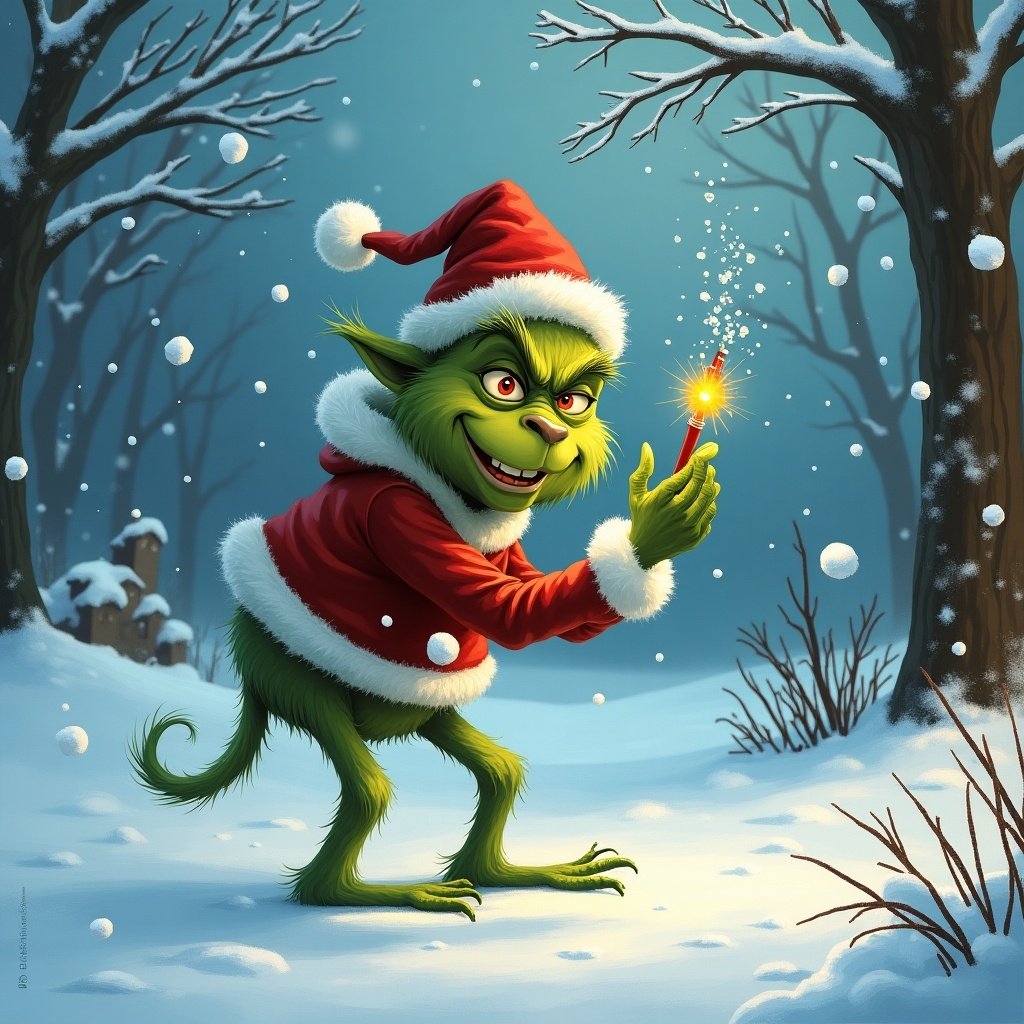 A whimsical Grinch character in a snowy setting. Grinch wears a Santa outfit while writing 'The Colwell’s' in the snow. The background features snowy trees and a magical winter atmosphere.