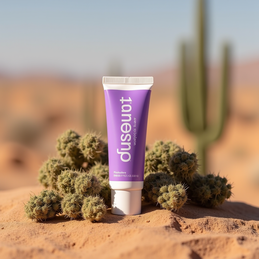 A purple tube of cream stands on sand surrounded by cacti with a desert landscape in the background.