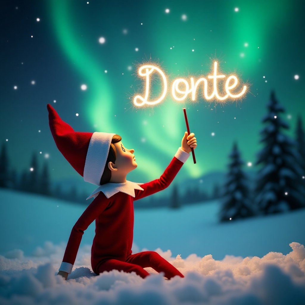 Scene captures charming boy elf on shelf. Elf dressed in red outfit, gazing upwards. Sky is illuminated by vibrant northern lights. Elf holds magic wand, writing name in sparkling letters. Snowy ground enhances magical holiday atmosphere.