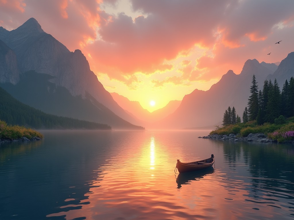 The image displays a breathtaking natural scene featuring a serene mountain lake at sunset. A solitary boat floats peacefully on the water, reflecting the vibrant colors of the sky. Majestic mountains surround the lake, creating a dramatic backdrop for this tranquil moment. The atmosphere conveys a sense of peace and wonder, inviting viewers to escape into nature's beauty. The soft lighting enhances the colors, making the whole scene feel warm and inviting.