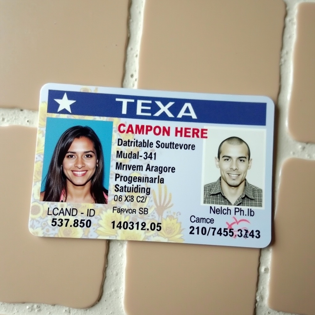 Texas ID card placed on a tiled surface. Card shows personal details.