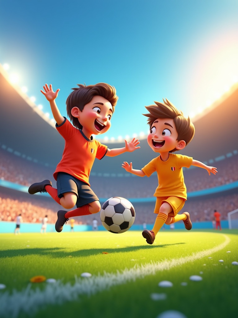 Animated scene with two children playing soccer on a green field. One child wears a red jersey; the other wears a yellow jersey. Both children are joyfully interacting and chasing a soccer ball. The background depicts a lively stadium filled with enthusiastic spectators. Sunlight brightens the scene and creates a cheerful ambiance. The animation style is colorful and engaging, appealing to children and families.