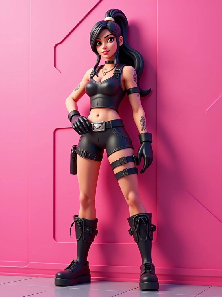 Stylized female character wearing black attire. Confident pose against a bright pink wall. Unique design reminiscent of video game aesthetics. Emphasizes strength and style.