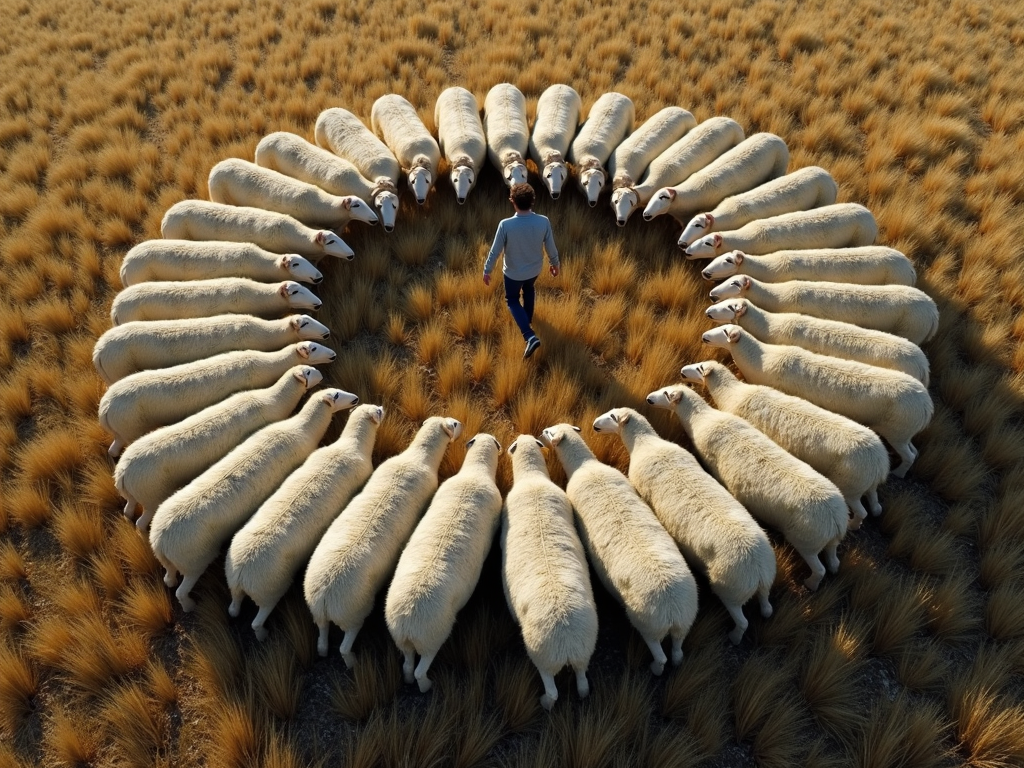 A person walks inside a perfect circle formed by a flock of sheep in a grassy field.