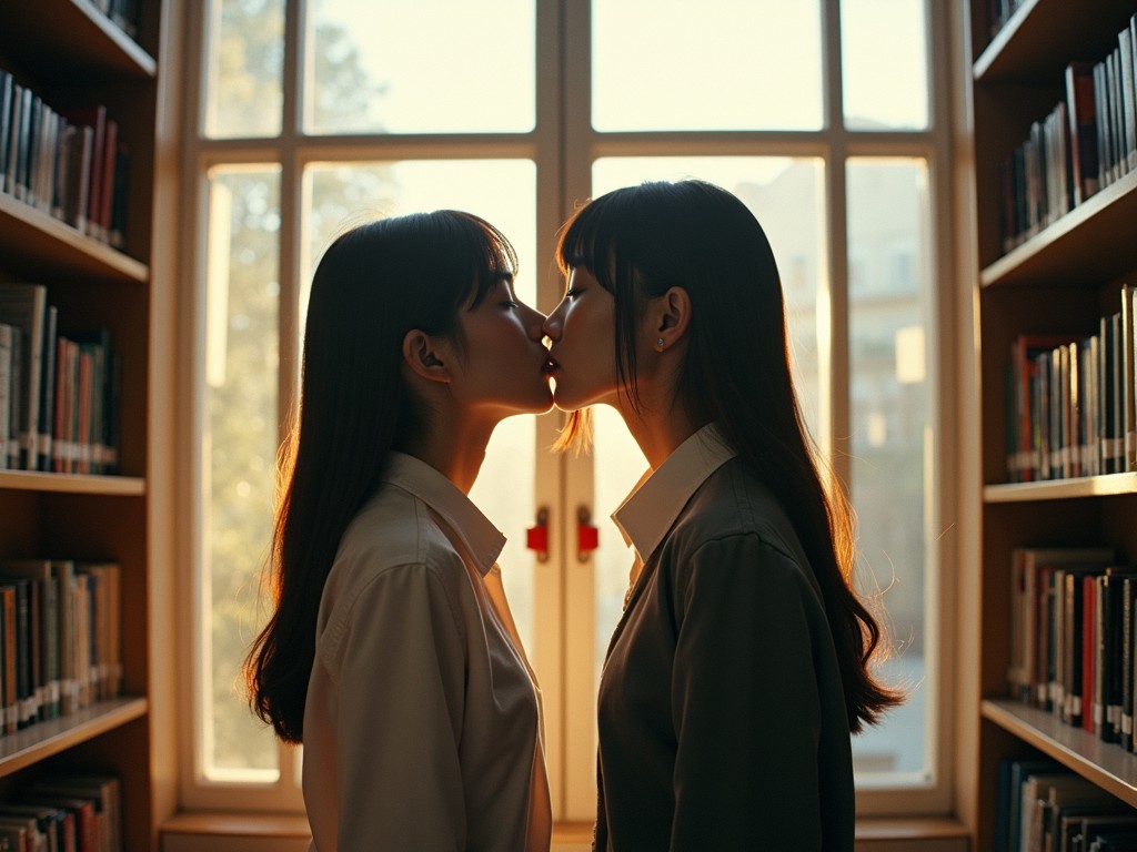 The image captures a tender moment as two individuals share a gentle kiss amidst the warm glow of a library setting. Bathed in soft, golden light streaming through a large window, the scene evokes a sense of intimacy and stillness. Shelves lined with books frame the sides, further emphasizing the quiet, private nature of the setting.