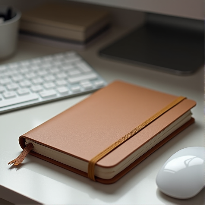 A closed notebook rests on a clean desk beside a keyboard and a mouse.