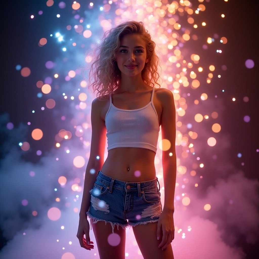 Image features a silhouette of a figure with a vibrant, colorful background. The figure has an athletic build and is wearing a crop top and shorts. The surroundings are filled with lights and smoke, creating a dynamic atmosphere.