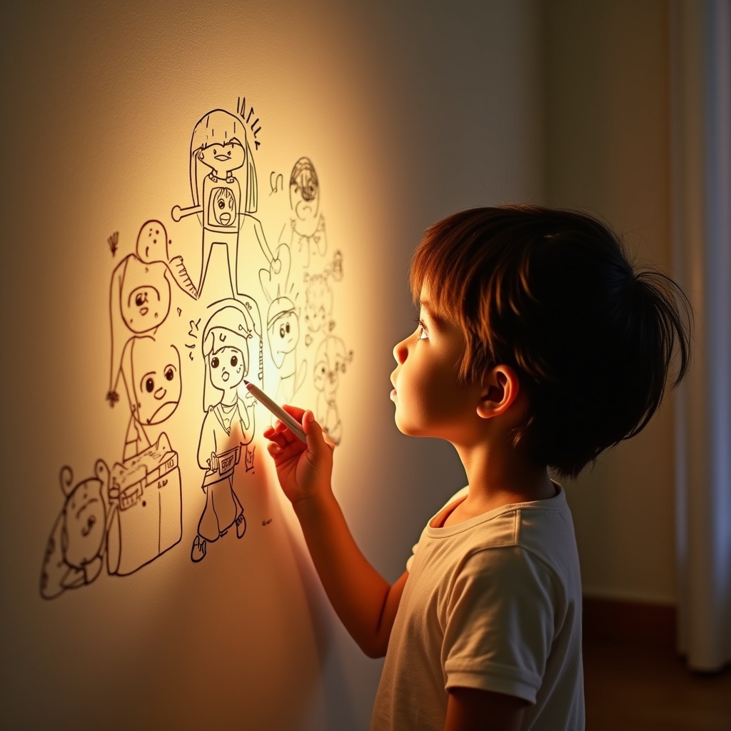 A child draws on a wall. Cute characters sketched in warm lighting. The atmosphere is cozy and playful. Lines are simple and charming. The action captures creativity and joy.