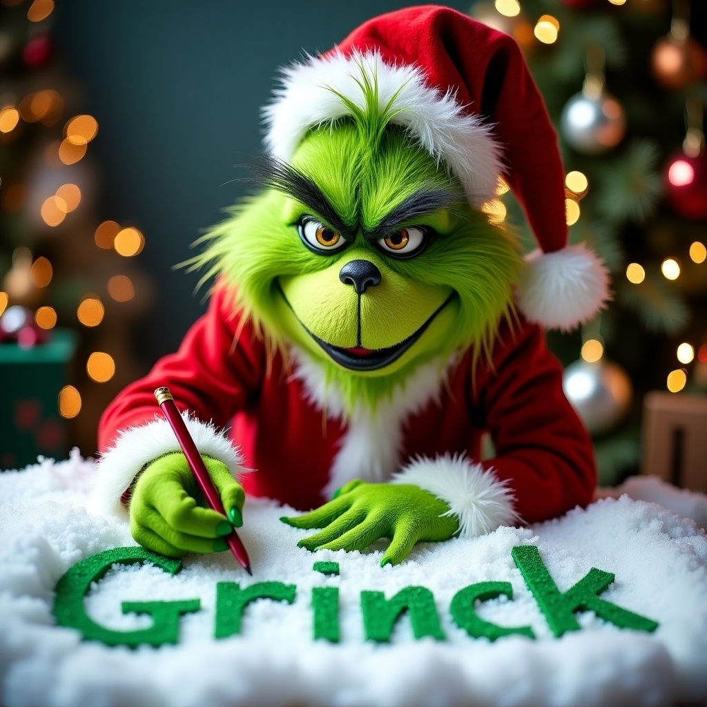 Vibrant holiday-themed photo featuring the Grinch in a professional yet festive tone writing in snow. Holiday decorations include twinkling lights, ornaments, and snowflakes. Balance between Grinch's mischievous nature and welcoming holiday spirit. Primary colors are green and red with hints of gold.