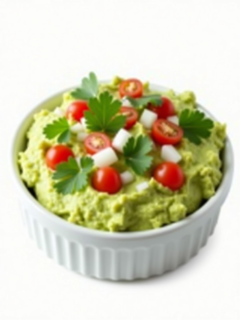 Ultra-realistic zoomed out photo of creamy dip made from mashed avocados with lime juice onions tomatoes cilantro and salt in a small white bowl against a white background.