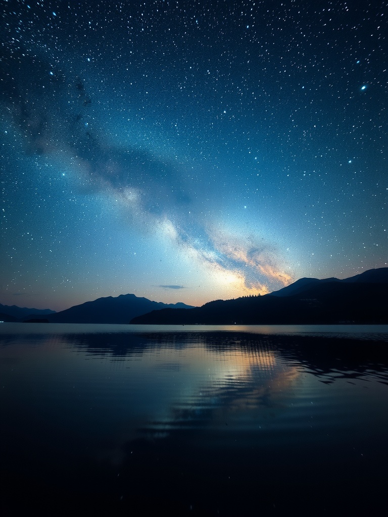 This stunning image captures a starry night sky with the Milky Way galaxy prominently arching across the heavens. Below, a tranquil body of water mirrors the brilliance of the sky, creating a harmonious symmetry between sky and earth. Silhouetted mountains in the distance enhance the serene and ethereal quality of the scene.