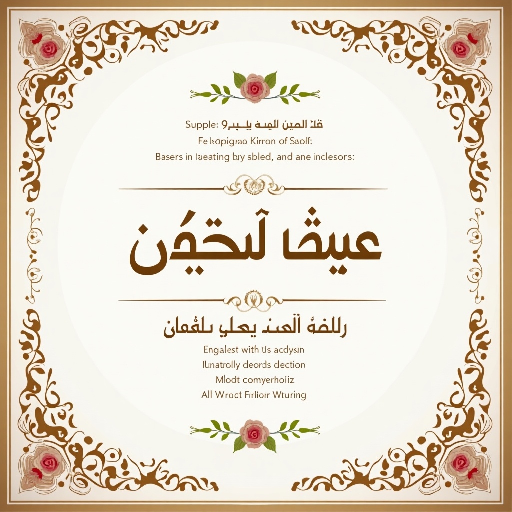 This is a wedding invitation card featuring elegant Arabic text for the names حسن وشهد. The card showcases ornate borders and floral decorations, creating a classic and sophisticated look. The dominant colors are gold and cream, adding a luxurious touch to the design. The text is the focal point, beautifully displayed in the center, surrounded by intricate patterns. This card is perfect for inviting guests to a prestigious cultural celebration.