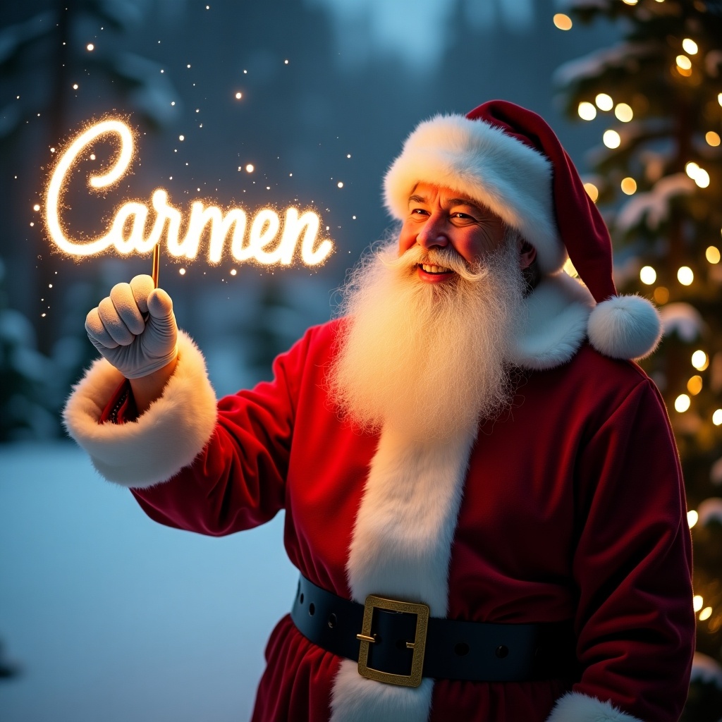 In a snowy winter landscape, a joyful Santa Claus stands illuminated by soft, warm lights. He wears his signature red suit adorned with white fur trim, showcasing his iconic festive appearance. With a cheerful smile, he holds a glowing stick in one hand, creating the name 'Carmen' in sparkling light. The background is filled with twinkling Christmas lights, enhancing the magical atmosphere. This scene beautifully blends elements of joy, magic, and personalization, making it ideal for holiday decorations and gifts.