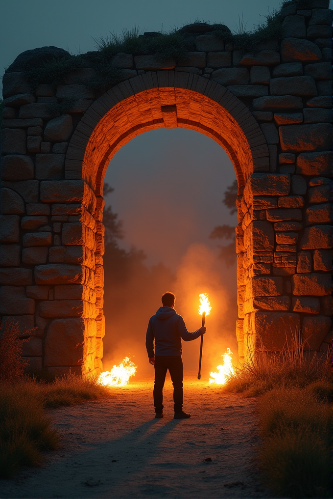 A person is holding a torch, standing under a stone archway with flames around them at dusk.