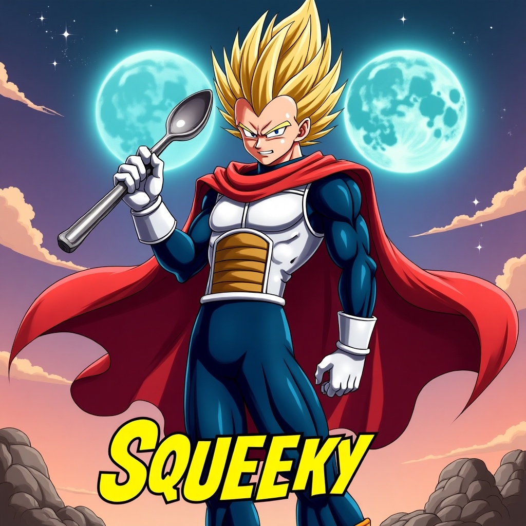 Image of Vegeta character with spoon. The character has golden hair and blue eyes. Background features two moons. Character wears a cape and has a confident pose.