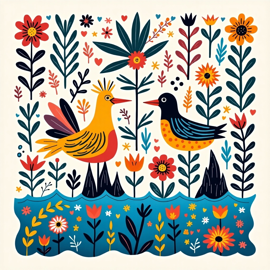 Colorful illustration features birds and flowers. Elements include whimsical design and artistic style. Nature theme is vibrant and eye-catching. Overall appeal is cheerful and inviting.