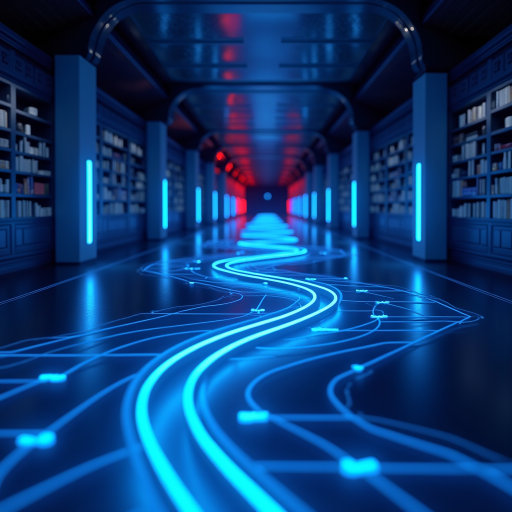 A futuristic corridor with glowing blue pathways and shelves lined with books.