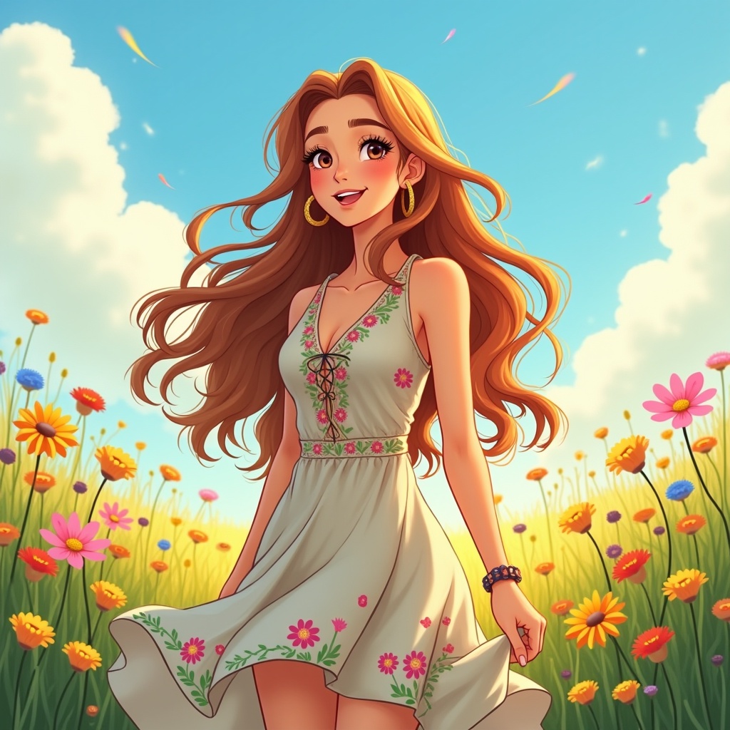 A woman stands in a field filled with colorful flowers. She wears a light summer dress and has long, flowing hair. The background features a clear blue sky.