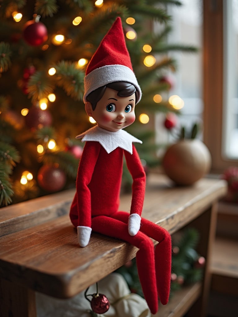 Elf figure wearing a red outfit sits on a wooden shelf. Christmas tree in the background with ornaments. Soft natural light from a window.