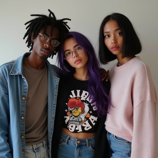 A styled photo shoot featuring three friends. One has dark skin and dreadlocks. Another has straight black hair and glasses. The last one has purple mixed with black hair and a nose ring. They wear casual, trendy outfits.