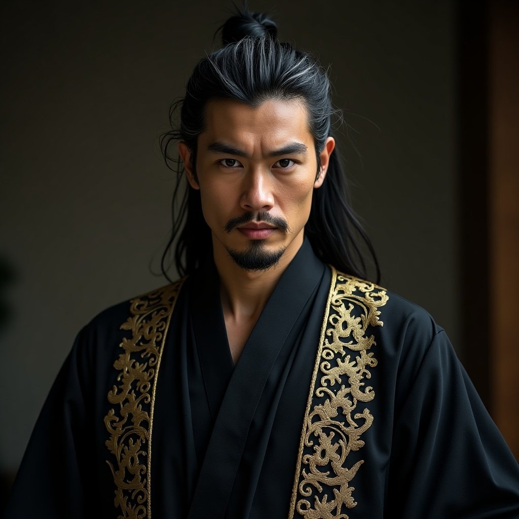 Man in an ancient regal robe. Long dark robe with intricate gold patterns. Hair pulled back, black with silver. Intense expression on face.