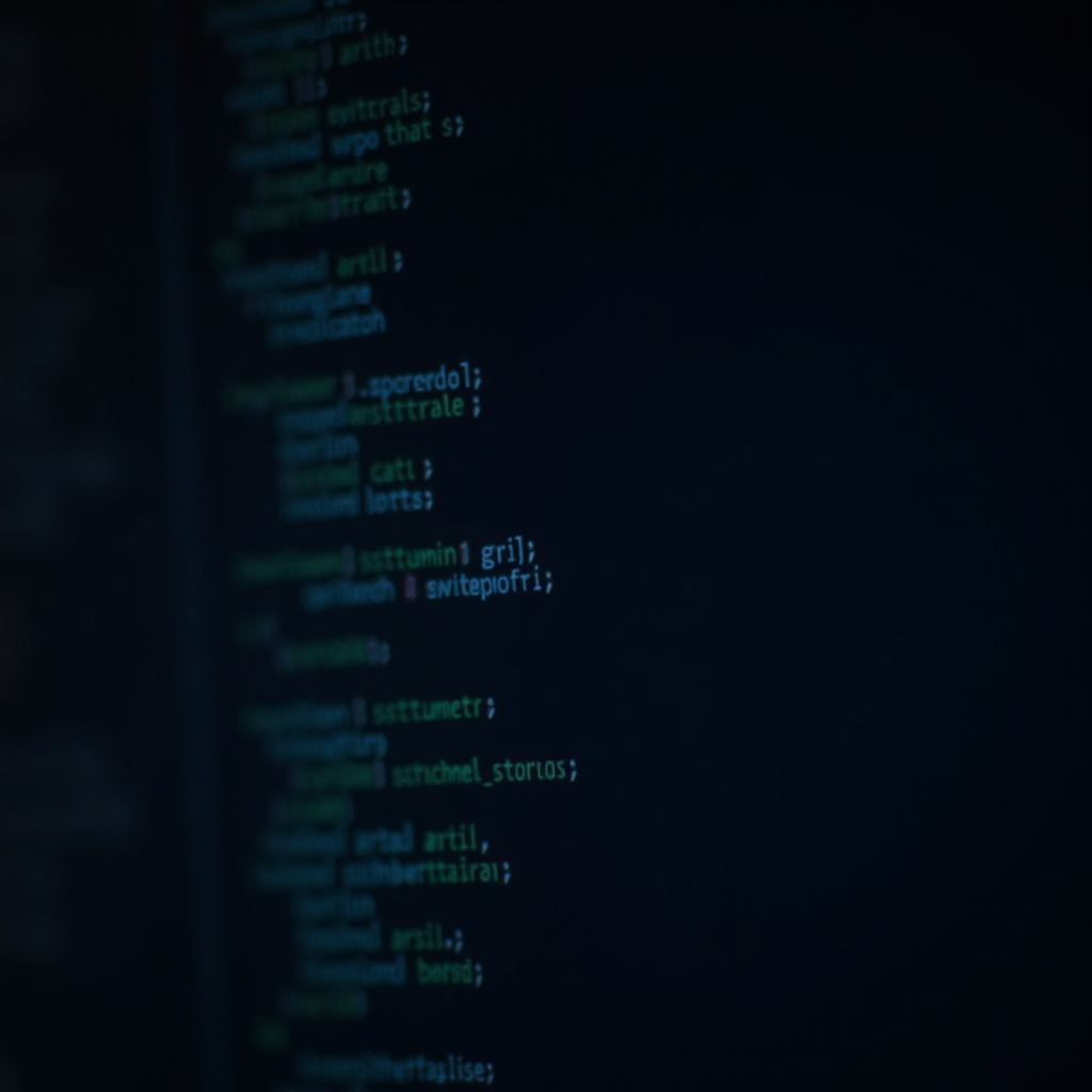 A blurred close-up view of code on a computer screen, featuring lines of text in a dark environment.