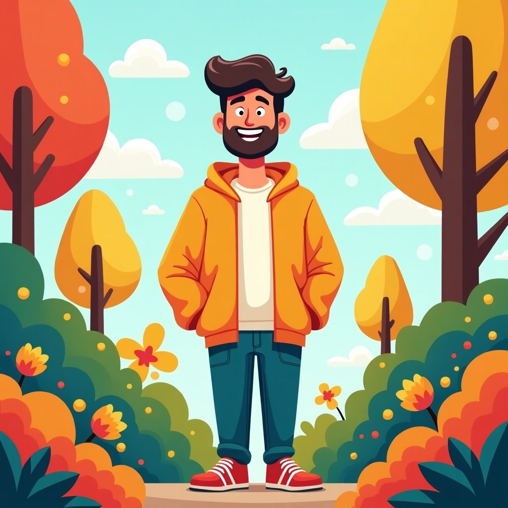 The image features a cartoon character of a man in his 20s, standing confidently in a vibrant outdoor setting. He has a friendly smile and wears a stylish orange hoodie. The background is filled with colorful autumn trees and blooming flowers, creating a cheerful atmosphere. The character's casual jeans and red sneakers add a youthful vibe to the image. The overall aesthetic is playful and engaging, perfect for attracting attention in various mediums.