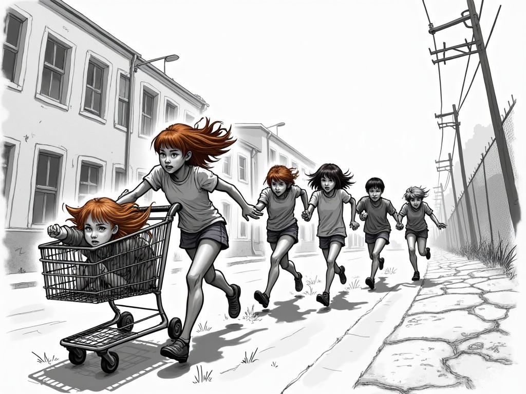 The scene depicts a group of six children running away from a school, featuring a dramatic chase. At the center, a girl with glasses pushes a shopping cart, while a ginger-haired boy is inside. The atmosphere is tense as an Asian boy is being grabbed by a zombie, while another girl tries to help him. Nearby, a girl with a wooden spear runs protectively. The setting conveys a sense of urgency and danger in a post-apocalyptic world. The art style is sketched in black and white, adding a stark and intense mood to the scene.