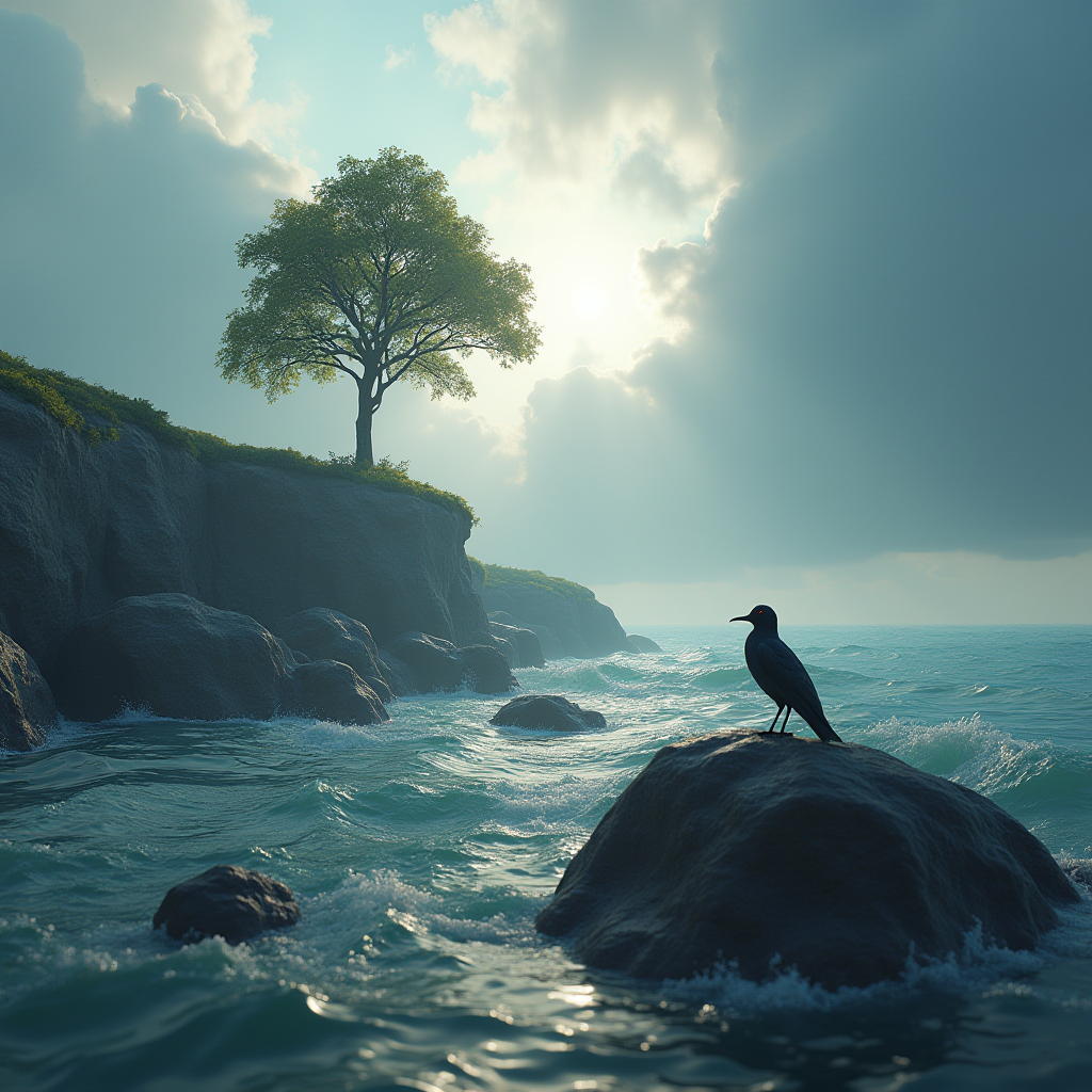 A single bird rests on a rock by the waves under a serene, cloudy sky.