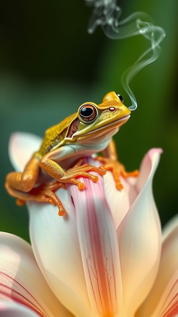 The image portrays a small, vividly colored frog perched gracefully atop a delicate flower. The frog's orange and yellow hues contrast with the soft pink and white of the flower, creating a harmonious blend of colors. Uniquely, the frog is exhaling a thin wisp of smoke, adding an element of whimsy and intrigue to the otherwise serene composition.