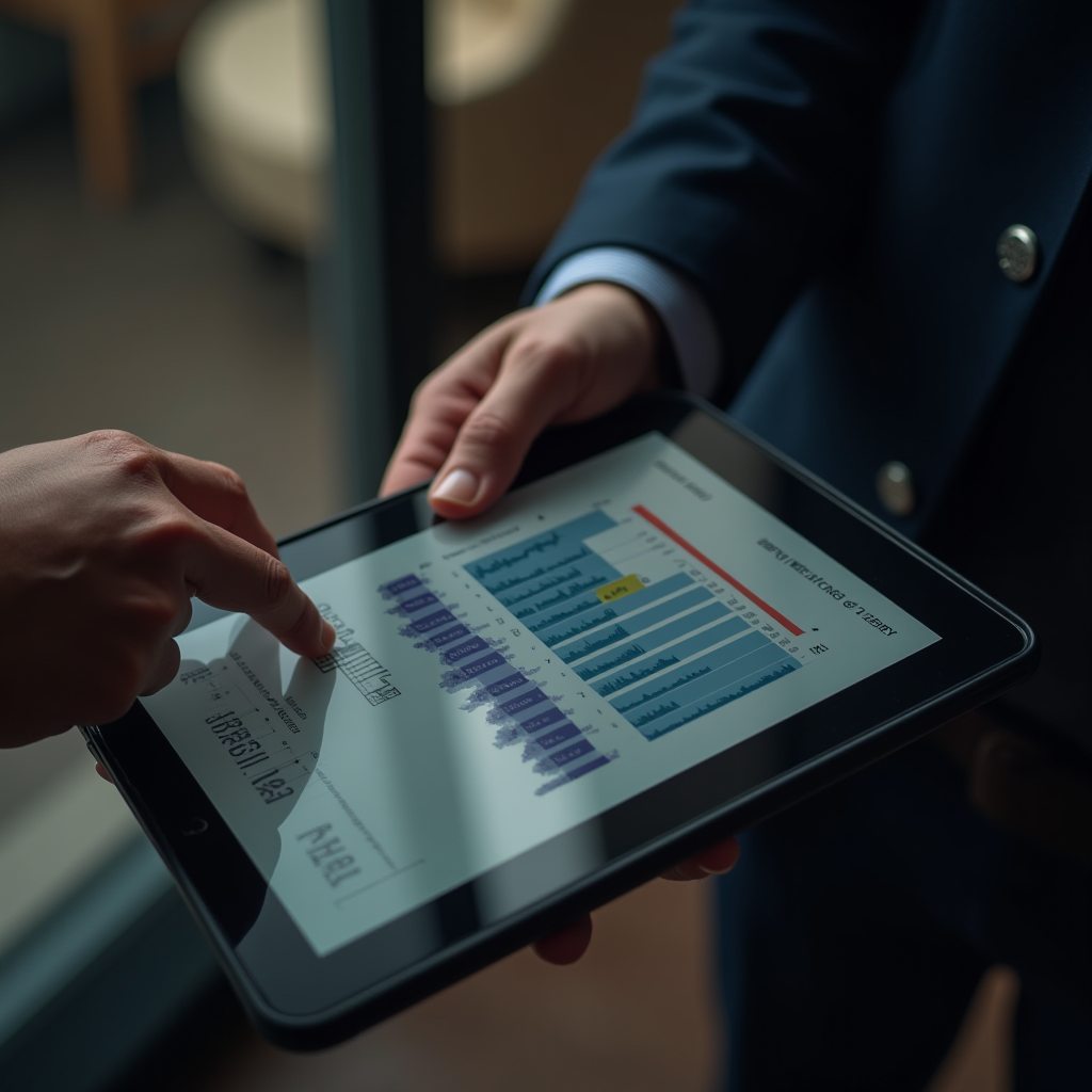 A person points at a graph on a tablet held by another in a professional setting, analyzing financial data.