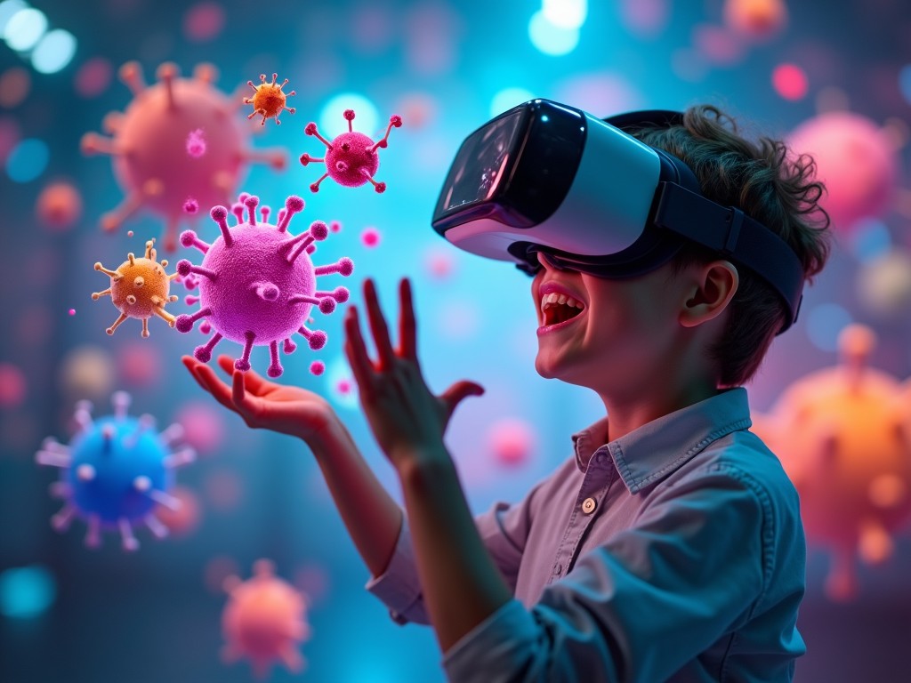 A child wearing a VR headset surrounded by vibrant 3D-rendered virus models, symbolizing a virtual exploration of microbiology and science.