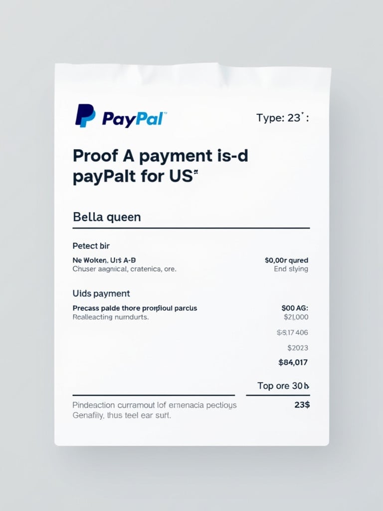 Document shows proof of payment from PayPal. Payment directed to Bella queen. Receipt has recognizable PayPal design. Layout emphasizes clarity with bold text and simplified background. Completed transaction of 23 dollars.