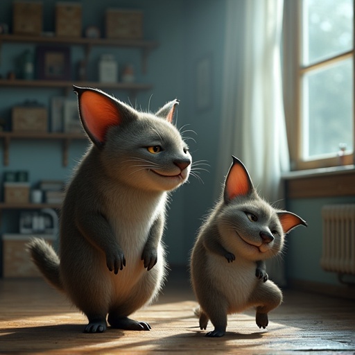 Two animated cats standing playfully in a cozy room. Soft sunlight brightens the scene. One cat smiles joyfully while the other looks cheerful. Details of the surrounding are subtle and inviting.