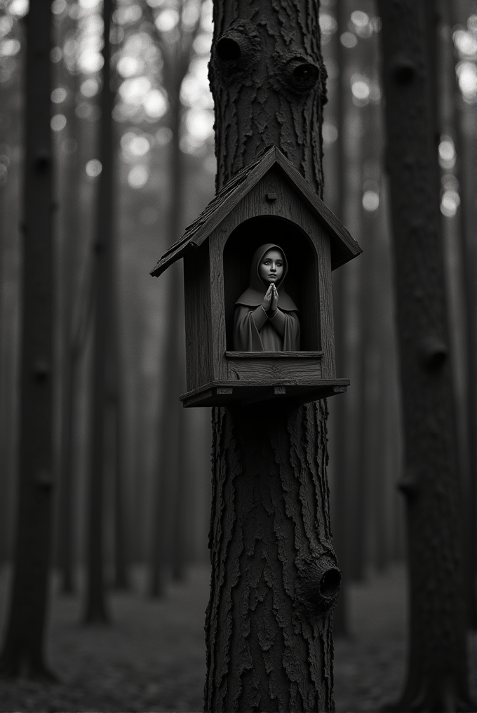 A small statue of a praying nun is set inside a wooden shrine on a tree in a misty forest.