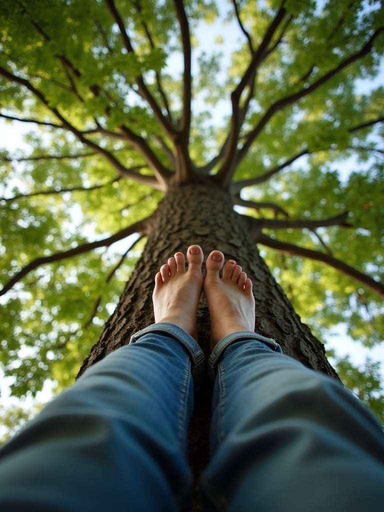 Close-up photograph of woman feet climbing tree. View from bottom of tree. Natural scenery with vibrant foliage.