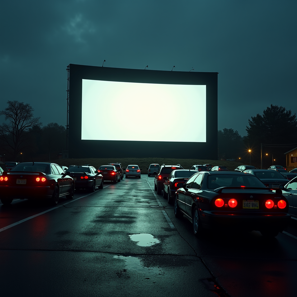 Cars are parked in rows facing a large movie screen at an outdoor drive-in theater.